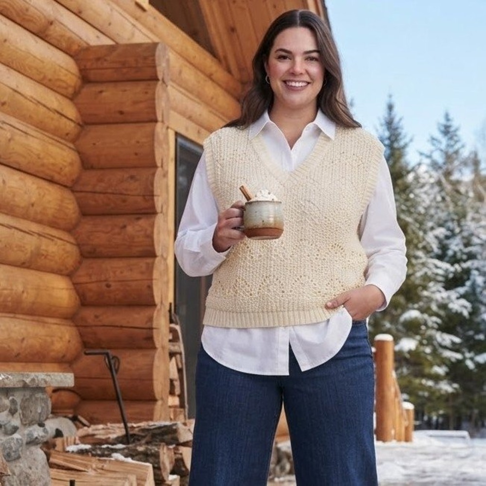 Twik Pointelle Knit Sweater Vest Womens XL Cream V-Neck Neutral Cabin Layering